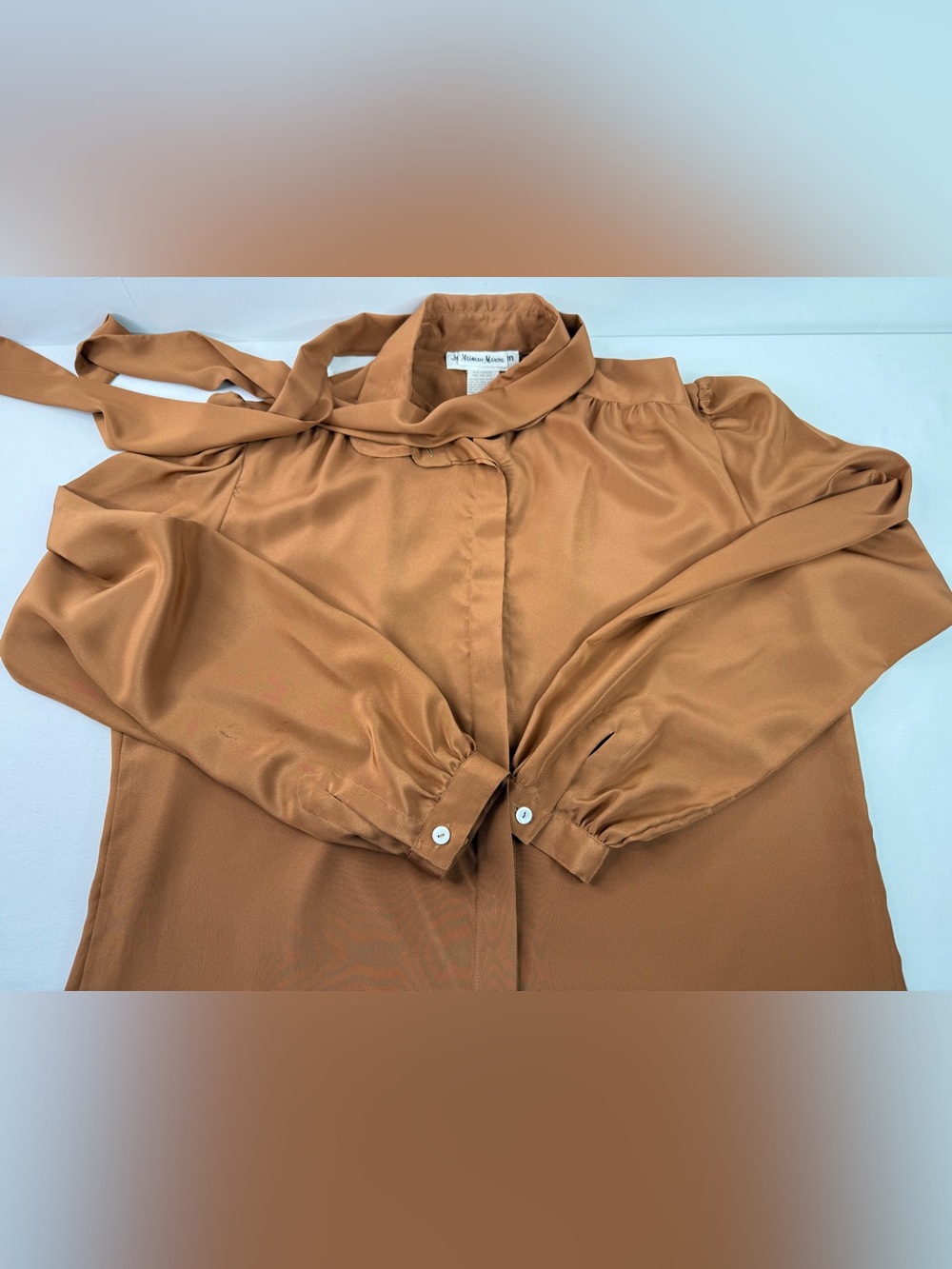 Neiman Marcus Jack Mulqueen Satin Tie-Neck Blouse Copper Brown Vintage Size 8 - Picture 8 of 10